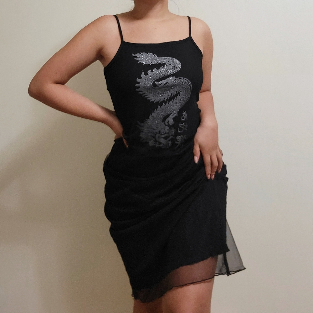 y2k Dragon Mesh Lettuce Edge Maxi Dress